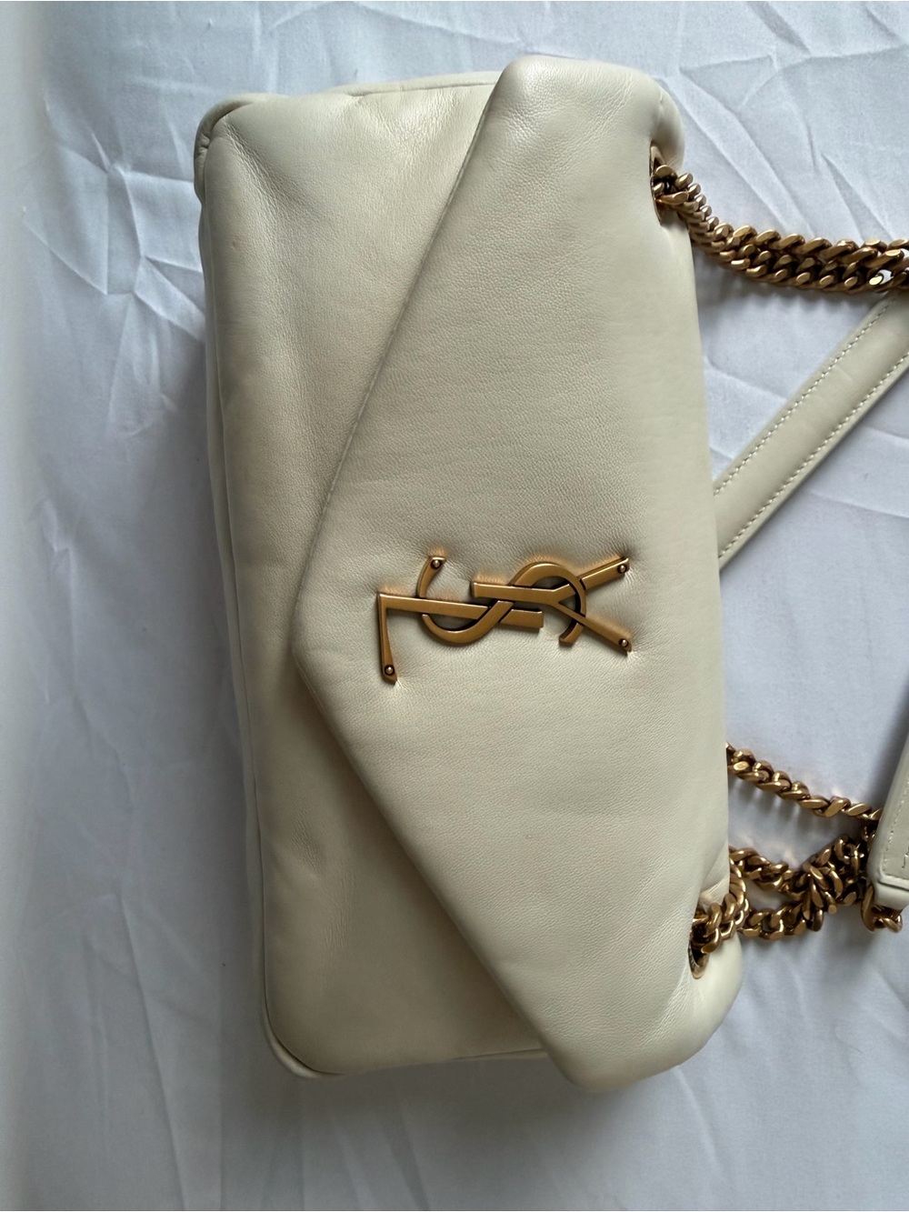 Saint Laurent Cream Leather Envelope Shoulder Bag with Gold YSL Logo